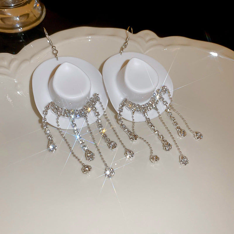 Wholesale Cowboy Hat Teardrop Diamond Tassel Earrings